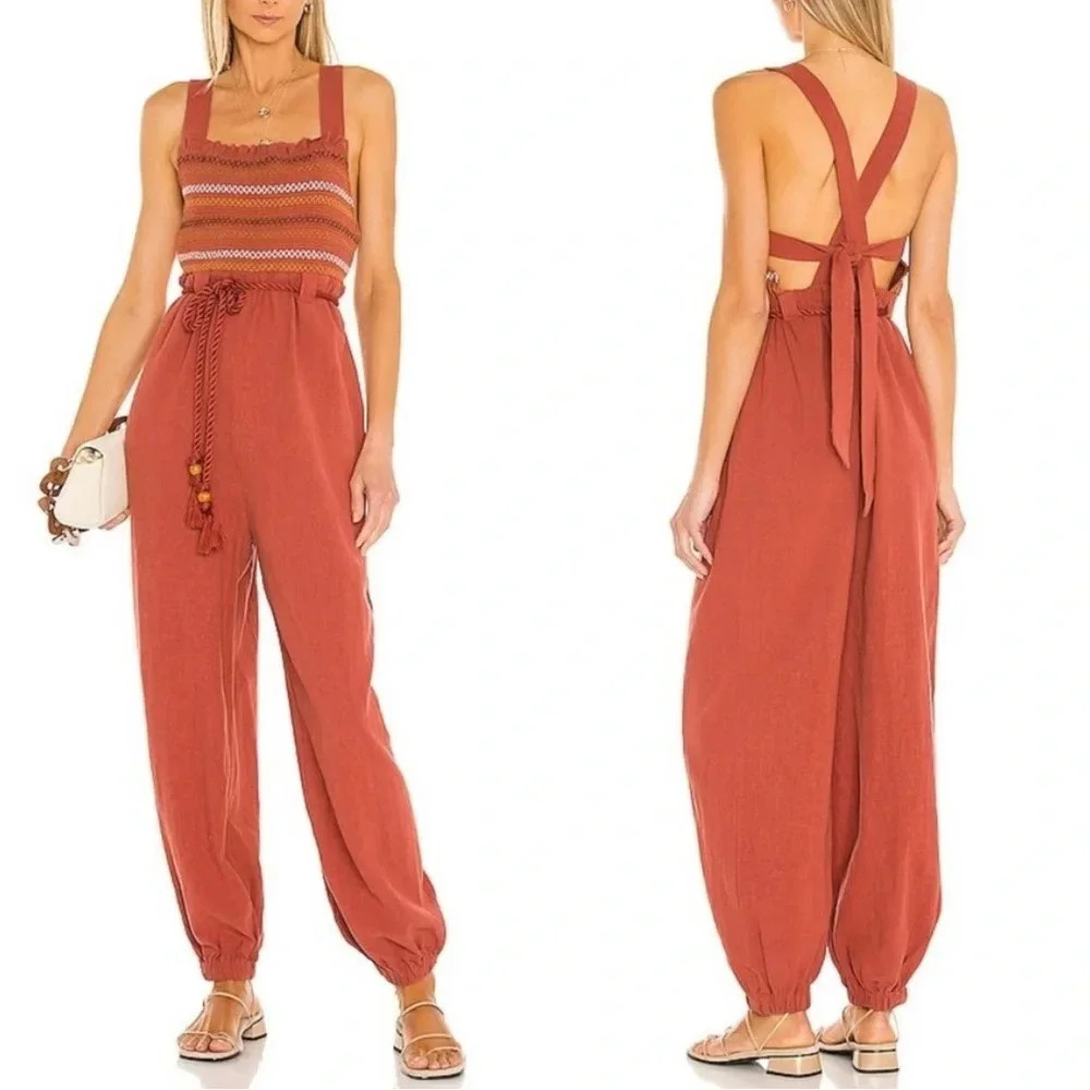 FREE PEOPLE Sienna Smocked Jumpsuit in Sumac Size XS